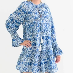 Amaranth Blue Long Sleeve Flounce Dress