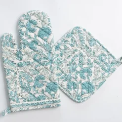Floral Trellis Aqua Oven Mitt Set