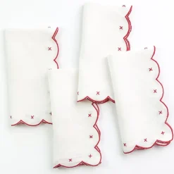 Scalloped Knot Red Embroidered Linen Napkin | Set of 4