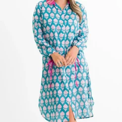 Teal Pom Flower Shifty Shirtdress