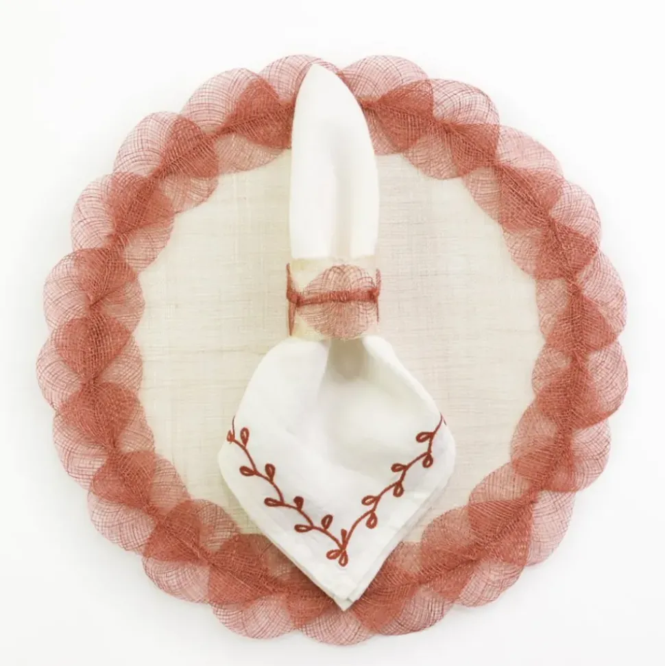 Twig & Bud Coral Embroidered Linen Napkin | Set of 4